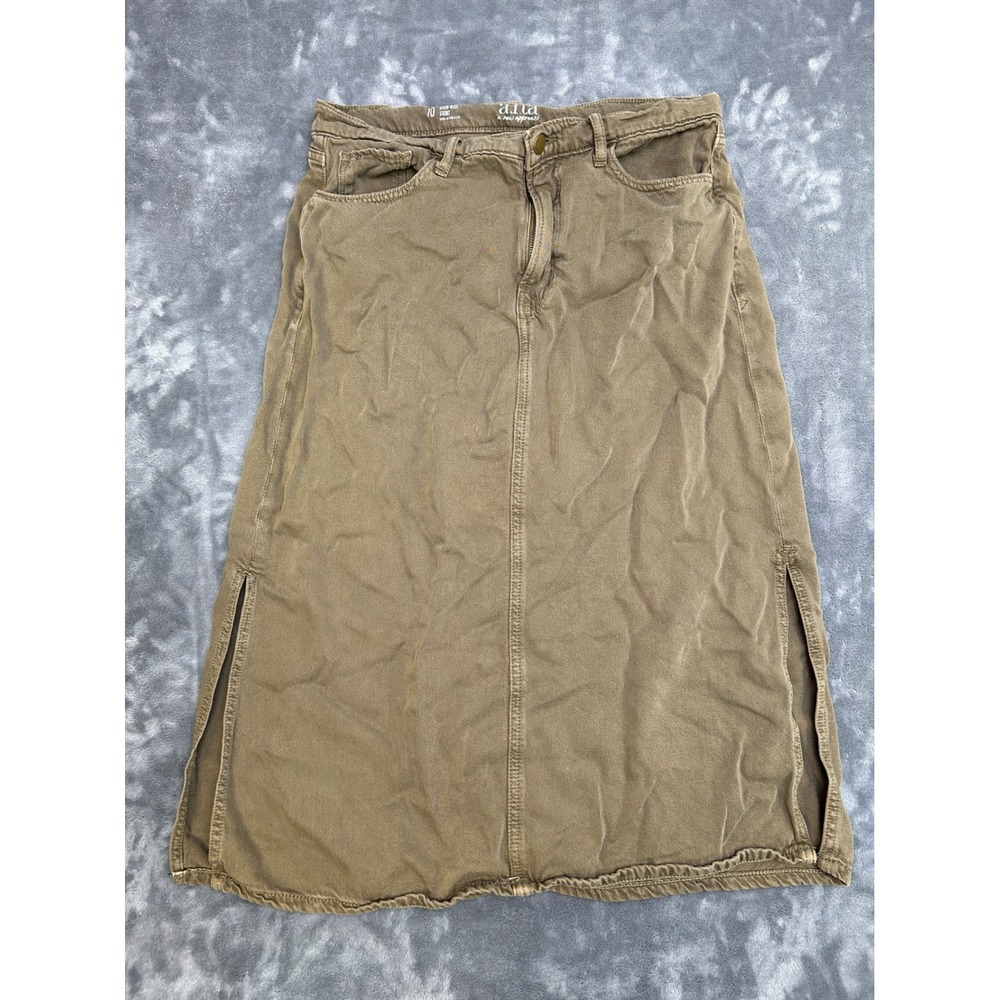 ANA A New Approach Olive Green High Rise Midi Skirt Side Slits Size 10